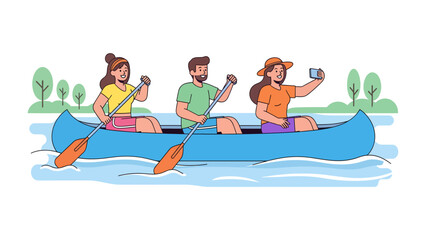 Obraz premium Canoe Adventure: Three friends enjoy a sunny day on the water, paddling a canoe and taking a selfie amidst a scenic backdrop of trees and a calm river.