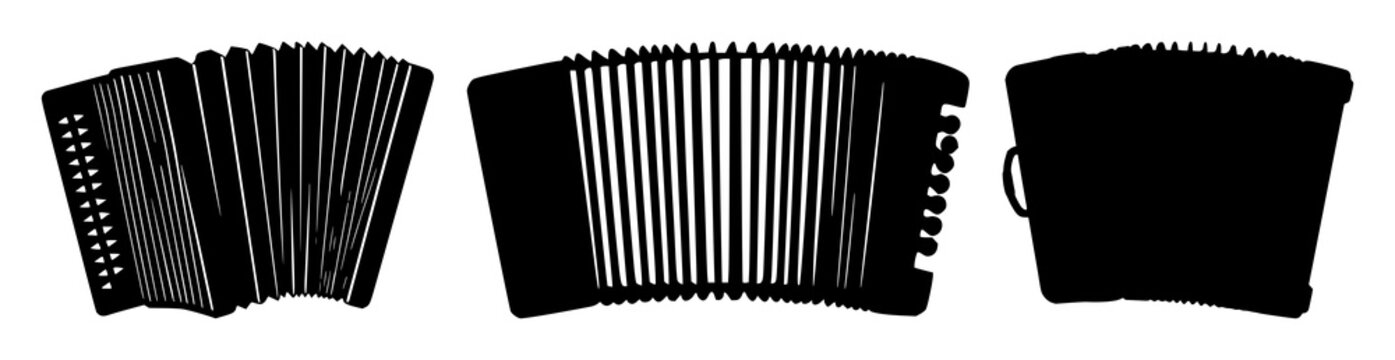 Accordion set with striking black silhouette against pristine white background featuring music instrument, accordion design, woodwind with silhouette and flat color