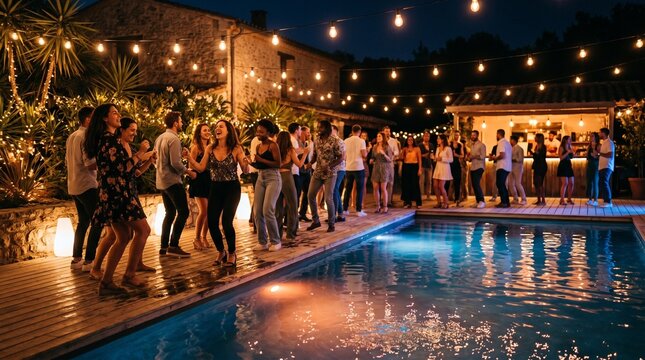 Friends enjoying a lively poolside party at night