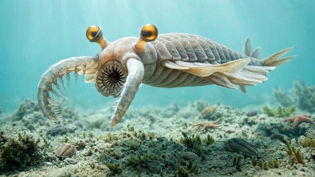 Anomalocaris prehistoric predator swimming above the seabed for Cambrian explosion paleontology concept