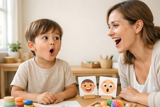 Child learning facial expressions and speech cues during therapy session