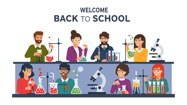 Welcome Back to School Science Lab Fun: A vibrant illustration depicts a diverse group of students and teachers engaging in a science lab experiment.