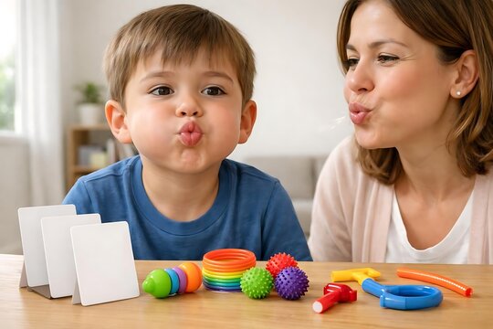 Speech therapist practicing lip exercises with child during articulation session
