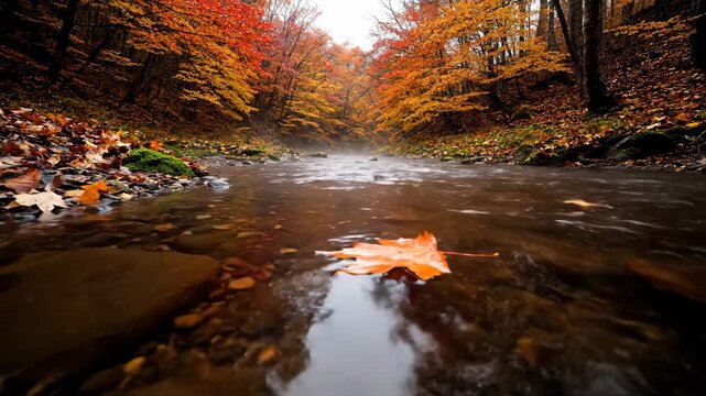 An orange leaf floats on a misty river while colorful autumn trees line the forest shore