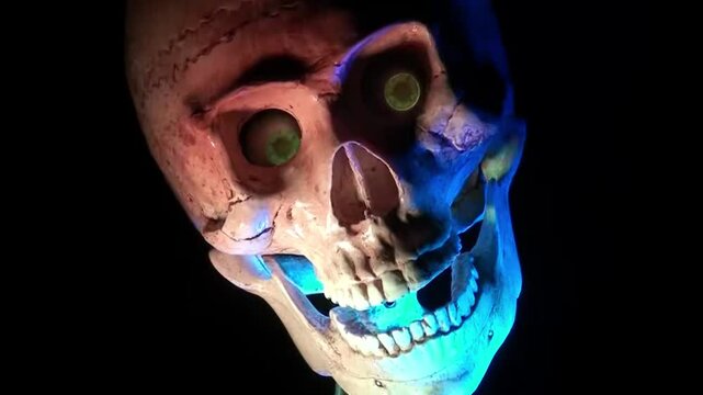 Creepy Skull with Glowing Eyes, 3D Animation, 3D Video, Loop, VJ, DJ - Perfect for Halloween and spooky content, this animated skull is sure to set the mood