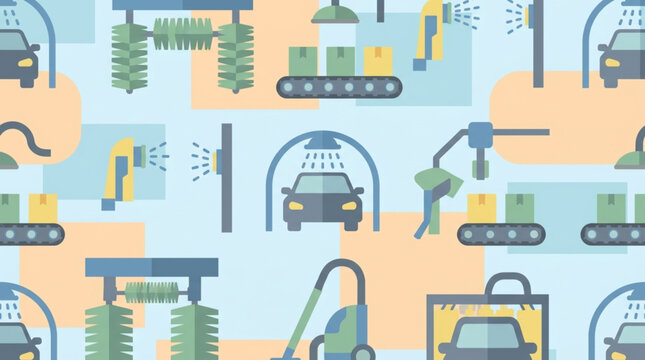 Flat lay illustration showcasing automated car wash processes and factory assembly line elements with a light blue and orange color palette, conveying industrial efficiency
