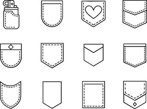 Pocket patch outline collection set, clothing label badge vector illustration isolated modern fashion design bundle elements