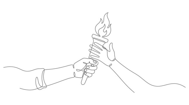 Continuous one line drawing of hands passing a burning torch.