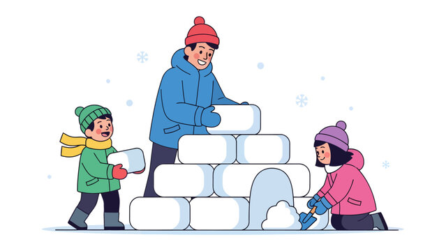 Building an Igloo: A father and his two children work together in the snow, building an igloo with blocks of ice, surrounded by winter fun and laughter.