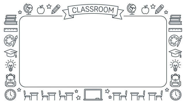 Classroom theme doodle border frame with school supply illustrations.