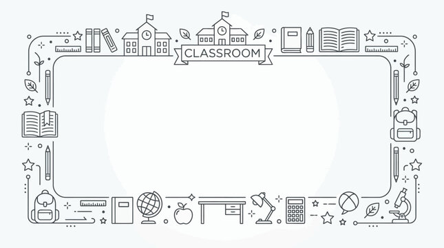 School classroom education themed frame border with doodle line art icons.