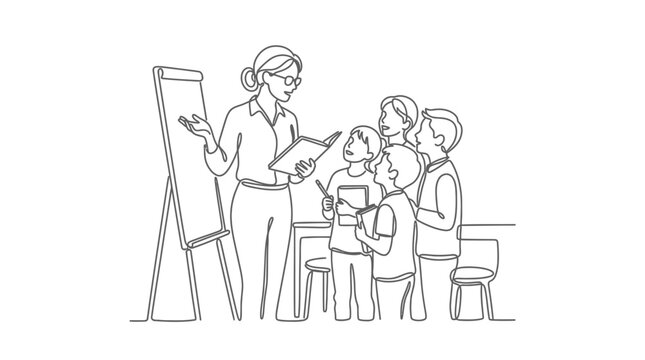 Teacher instructing group of students in classroom line art drawing.