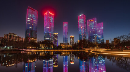 Blue Moment: The lake reflects the cityscape skyline at night in Wangjing CBD, Beijing, China. © 文普 王