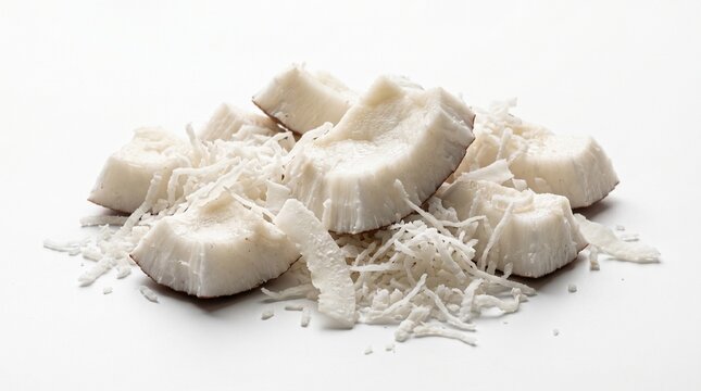 Fresh Pieces of Coconut Meat with Grated Coconut Flakes Isolated on White Background