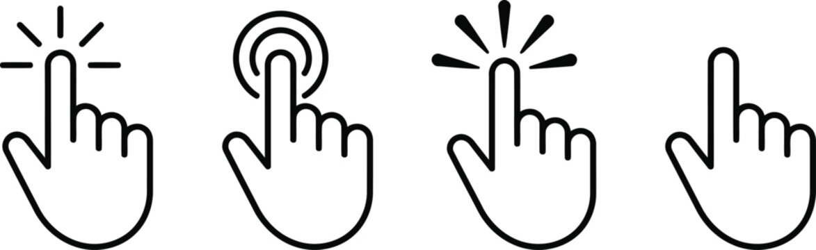 Collection of hand cursor pointer icons with click effect for website interface design elements