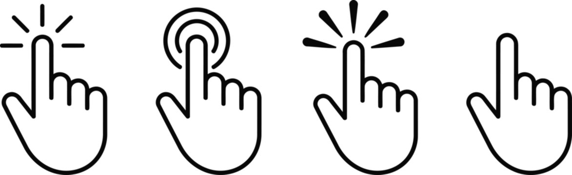 Collection of hand cursor pointer icons with click effect for website interface design elements