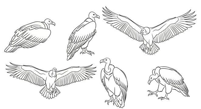Set of Vulture Illustrations in Various Poses, Hand-Drawn Sketch