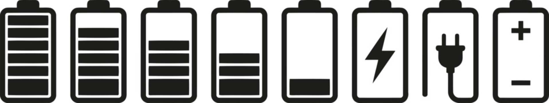 Battery charge level indicators and plug icon vector graphic with energy level, battery life