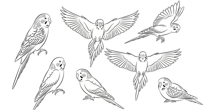 Budgerigar parrot set in various poses, hand-drawn vector illustration