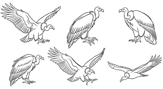 Vulture Bird Set in Multiple Poses, Hand-Drawn Black and White Illustration