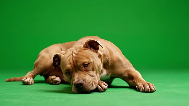 Sad pit bull dog lying down on a green background, looking tired and disappointed.