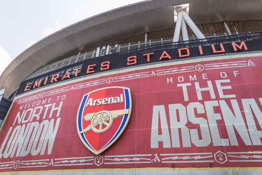 Emirates Stadium exterior with Arsenal Football Club branding. London, UK, 18 August 2024
