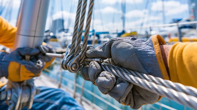 A rigger's gloved hands connecting stainless steel rigging wire to a mast chainplate fitting with a marina behind.