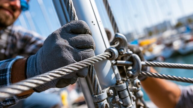 A rigger's gloved hands connecting stainless steel rigging wire to a mast chainplate fitting with a marina behind.