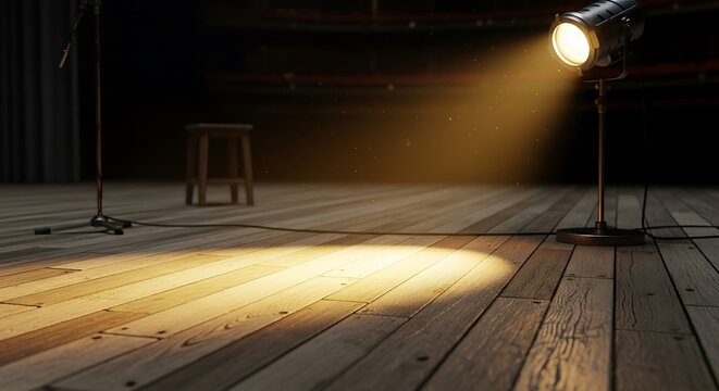 Warm Theater Spotlight Shining on Empty Wooden Stage with Microphone Stand