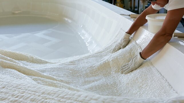 A boat builder pressing fiberglass cloth into a curved hull mold during yacht hull layup manufacturing.
