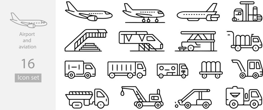 A clean hand-drawn vector icon set of airport and aviation operations, 