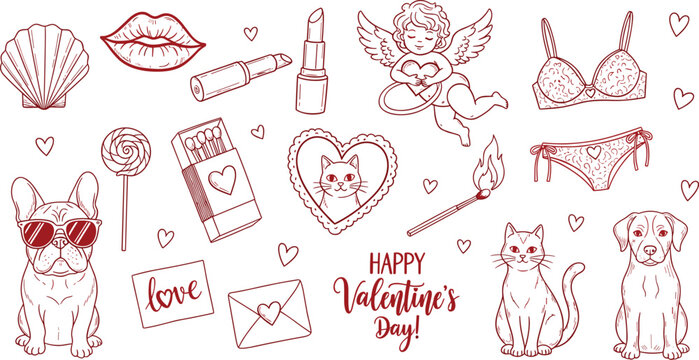 Valentine&rsquo;s Day line art icons hearts cherub chocolates animals love romantic festive symbols celebration design flat vector illustration