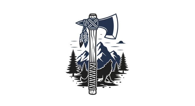 Native American Tomahawk Axe, Wolf, Mountains, Pine Trees, Feathers - Vector Graphic