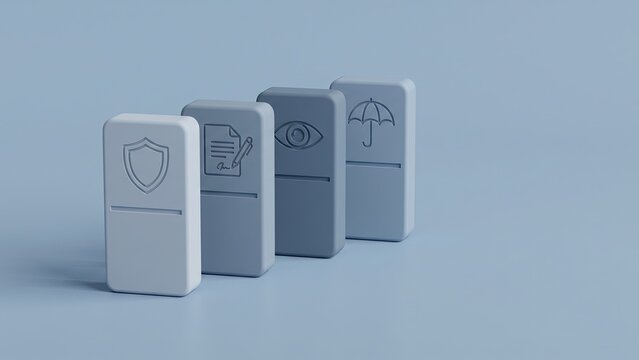 Soft silicone blocks displaying insurance underwriting, risk evaluation, and policy protection icons on a muted powder blue surface.