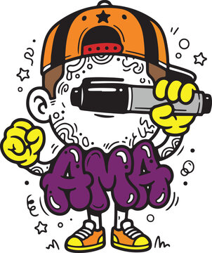 Cartoon character with orange hat holding microphone and graffiti text