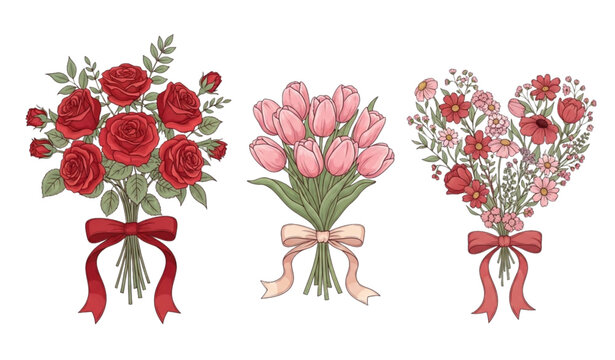 Valentines Day flower bouquet set with roses tulips and heart wildflowers vector illustration