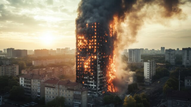 a burning apartment building. A multi-storey apartment building is engulfed by a strong fire, thick smoke and flames, an emergency situation in the city.