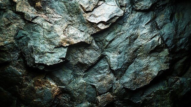 Textured Rock Face Closeup of rough with weathered stone in dark abstract design.