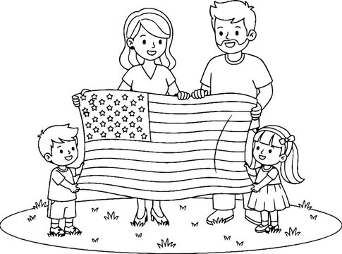 Family holding American flag together coloring book page