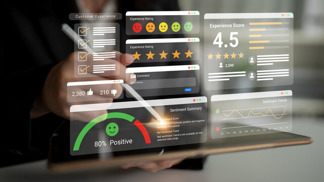 Feedback system with ratings, sentiment meter, and charts representing customer satisfaction and experience analysis Parse
