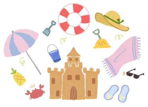 Oil Pastel Summer Beach Clipart Set | Cute Sandcastle Vacation Elements | Hand Drawn Coastal Illustration Bundle