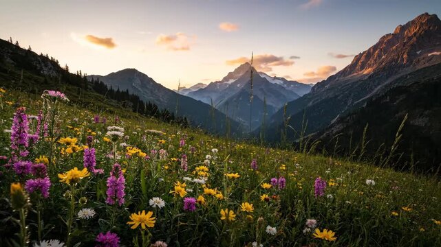 A vibrant alpine meadow with wildflowers in bloom at sunrise while distant mountains are bathed in golden light