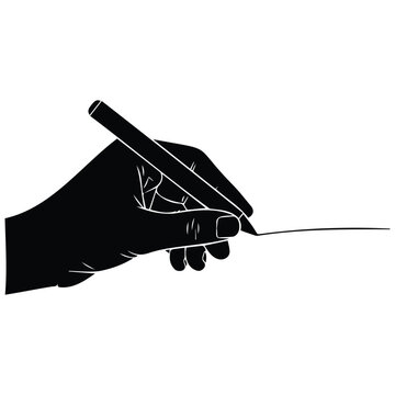 Writing hand silhouette vector line art illustration holding pen drawing straight line.