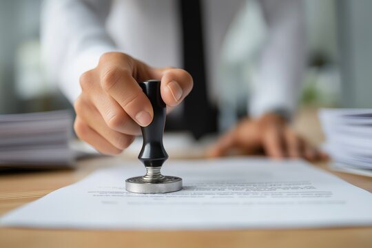 Corporate employee applying stamp to official document in office setting, illustrating business approval process, administrative workflow, and professional paperwork management.