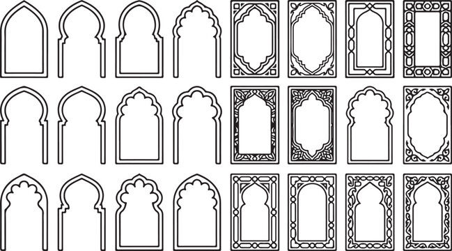 Set of decorative arabic arches and islamic window frames with intricate patterns for oriental architecture design vector illustration in black and white