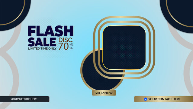 Flash sale announcement with up to 70 percent discount. Limited time offer with shop now call to action. Includes website and contact details.