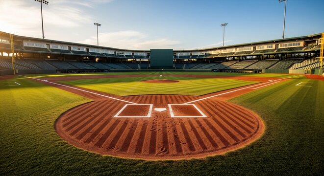 Baseball stadium infield at sunset