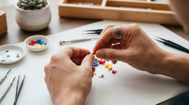 Extreme close-up macro of a pair of hands with a sensory fidget ring on one finger carefully and precisely assembling small intricate colored components on a clean UGC vibe but premium, stock-ready 