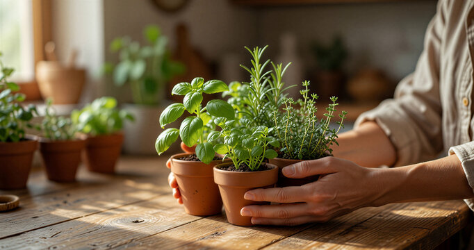 Woman holding clay pots with fresh green herbs in sunny kitchen. Organic basil and rosemary plants for cooking. Gardening hobby, healthy lifestyle, home interior and culinary concept.