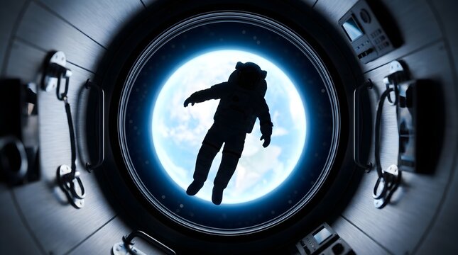 Dramatic silhouette of a spacesuited figure floating weightlessly beside a large circular spacecraft porthole window with the stunning curvature of Earth UGC vibe but premium, stock-ready.